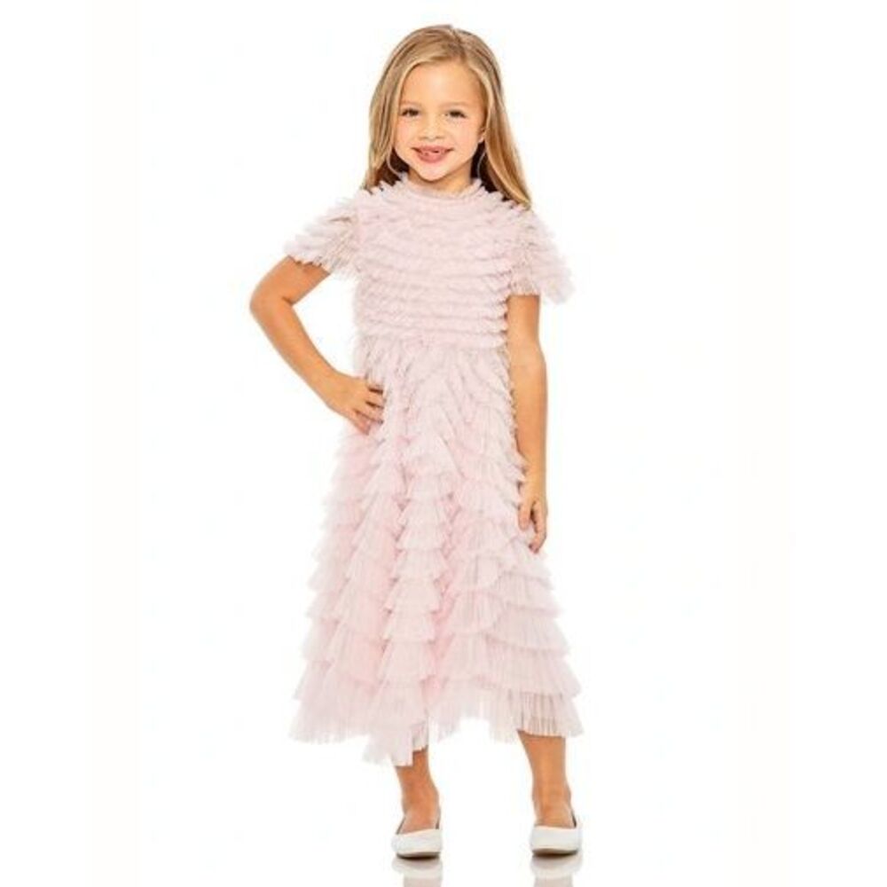 NWT MAC DUGGAL Girls Ruffle Tiered Short Sleeve A Line Dress In Rose Size 2 $298